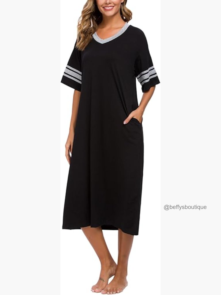 Women's Cotton Nightgown V-Neck Short Sleeve Sleepshirt With Pockets